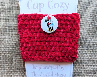 Plush Coffee Cup Cozy - super soft red hand-crocheted, reusable sleeve for hot/cold drink - with Minnie Mouse