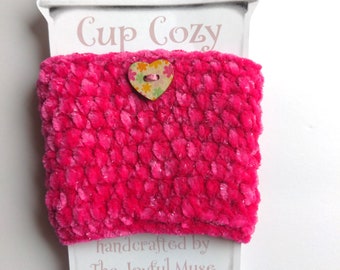 Plush Coffee Cup Cozy - super soft pink & silver sparkle with floral heart - hand-crocheted, reusable sleeve for hot/cold drink