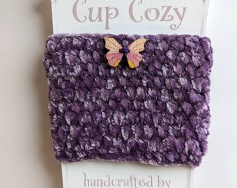 Plush Coffee Cup Cozy - super soft purple with butterfly - hand-crocheted, reusable sleeve for hot/cold drink