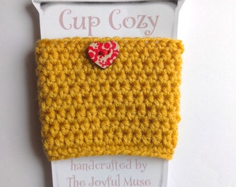 Coffee Cup Cozy - saffron yellow with red floral heart  - soft, hand-crocheted, reusable sleeve for hot/cold drink