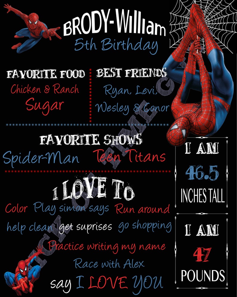 Spiderman Birthday Sign, Chalkboard Sign, 5th Birthday, Digital Print