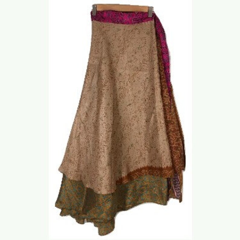 Sari Wrap Skirt Reversible 39L 46W Green Brown Two sides
