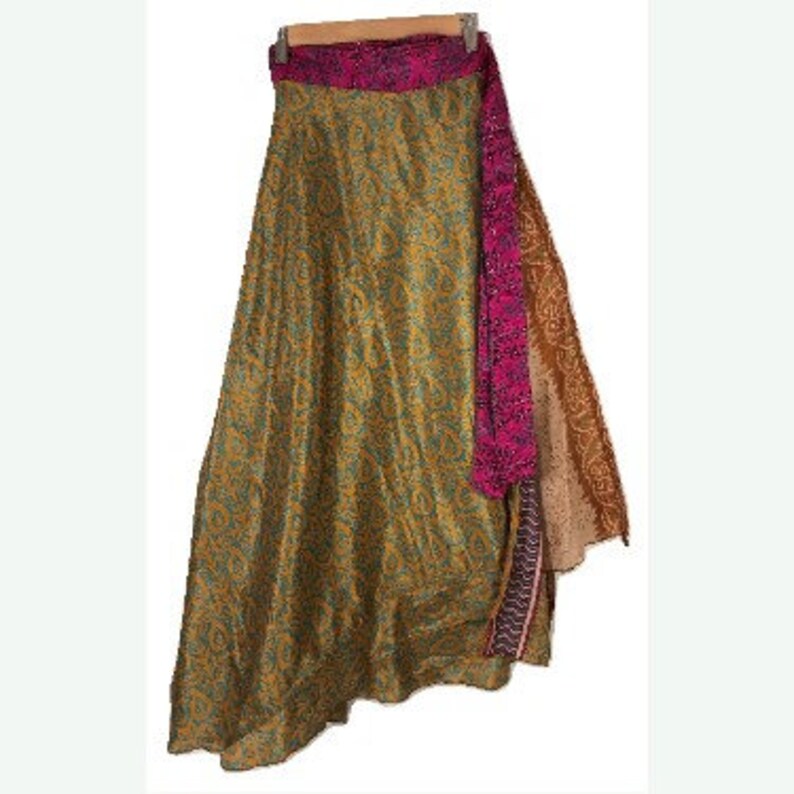 Sari Wrap Skirt Reversible 39L 46W Green Brown Two sides
