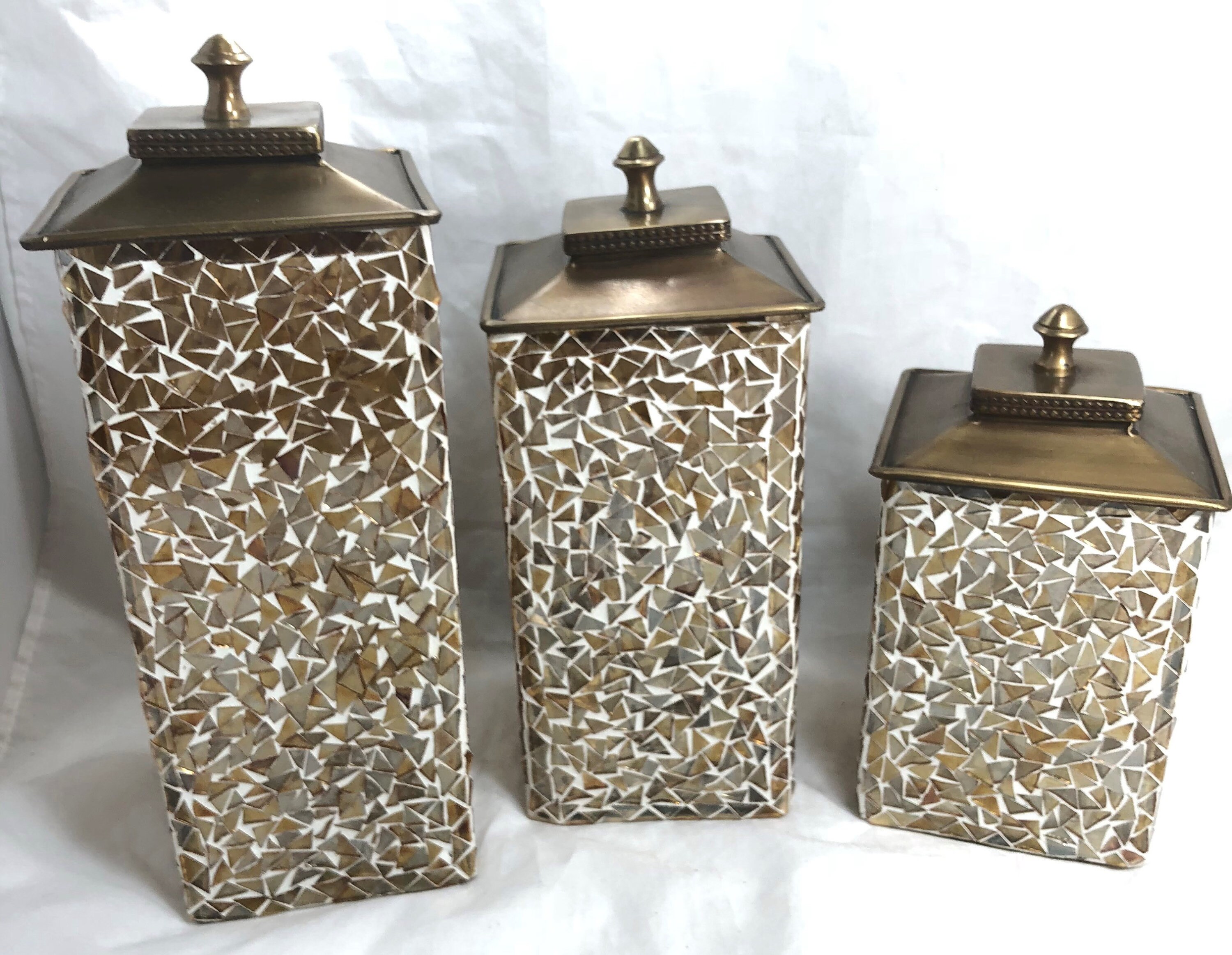 Glass Mosaic Canisters Gold Home Decor Candle Holders Square 3 Pieces w