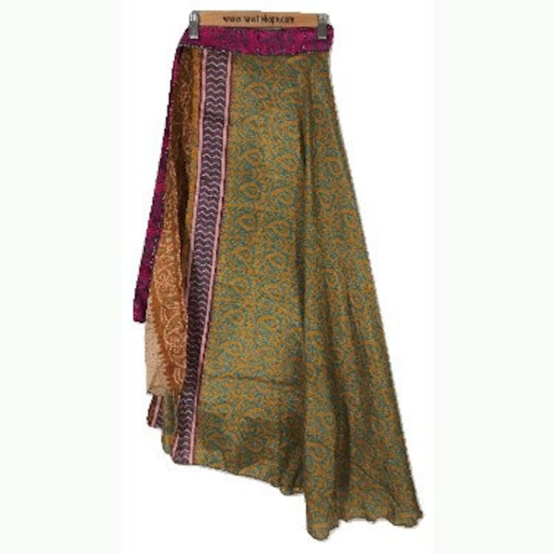 Sari Wrap Skirt Reversible 39L 46W Green Brown Two sides