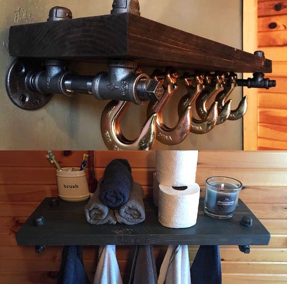 Custom Finish Industrial Shelf With Hooks Entryway Bathroom Closet Organization Mug Kitchen Rustic Farmhouse Steampunk