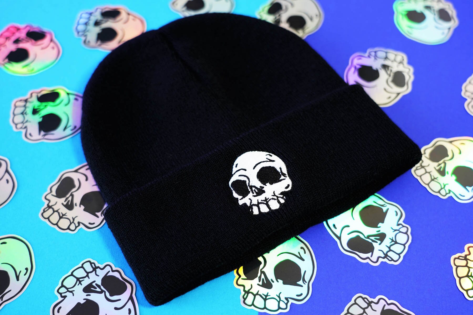 Black Skull Knit Beanie Black Knit Hat Skull Beanie Etsy