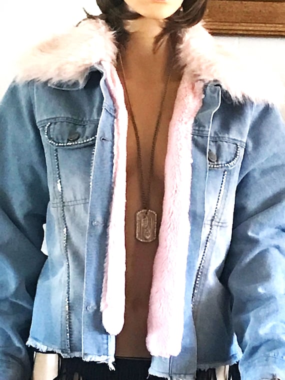 Pink Faux Fur Jean Jacket with Rhinestones, Size M