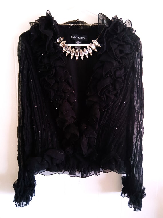 Cachet Women's Black Ruffled Evening Blouse, Size 