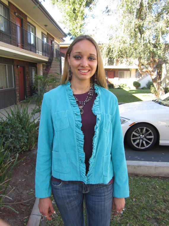 Lovely Turquoise Jacket, Cordoroy Jacket with Gath
