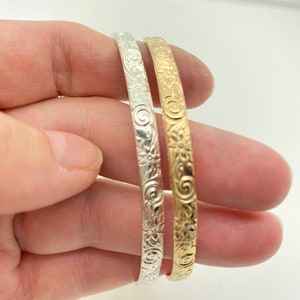 Floral Pattern Closed Bangle, 5mm Wide Flower & Vine Etched Bangle Available in 14K Gold Filled, or Sterling Silver