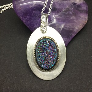 Crystal Druzy Necklace, Sterling Silver Hand Bezel Set Druzy, Purple Blue Pink Oval Rainbow Druzy Pendant