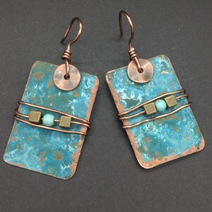 Artisan Handcrafted Blue Copper Earrings, Patina Copper Earrings, Turquoise Copper Bohemian Jewelry, Hand Forged Metalwork Earrings