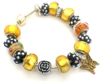 Euro Charm Bracelet, Silver Snake Chain, Gold Butterfly Charm, Gold Foil & Murano Glass Beads with Snap-On Clasp