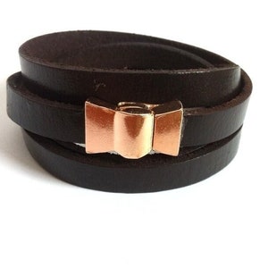 Leather Wrap Cuff Bracelet, Rose Gold Clasp, Brown Cuff Flat Leather Strap, 4 X Wrap Cuff, Dark Brown Leather Friendship Bracelet