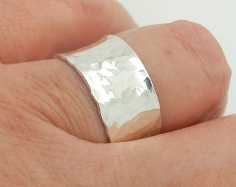 Hammered Silver Ring Band, Wide Silver Wedding Ring, Sterling Silver Artisan Convex Silver Band, Silversmith Ring