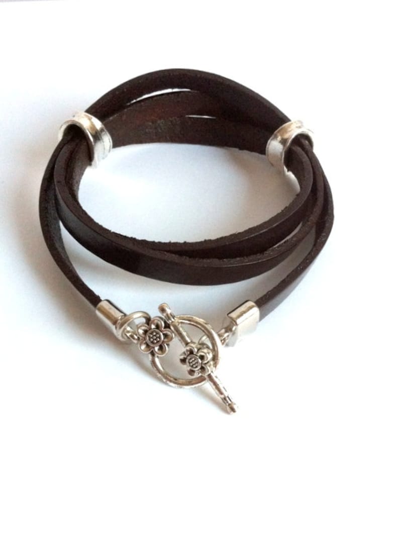 Dark Brown Triple Wrap Boho Leather Cuff Flat Leather Strap Friendship Bracelet Unisex Leather Cuff Bracelet