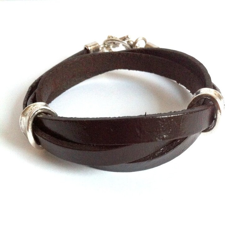 Dark Brown Triple Wrap Boho Leather Cuff Flat Leather Strap Friendship Bracelet Unisex Leather Cuff Bracelet