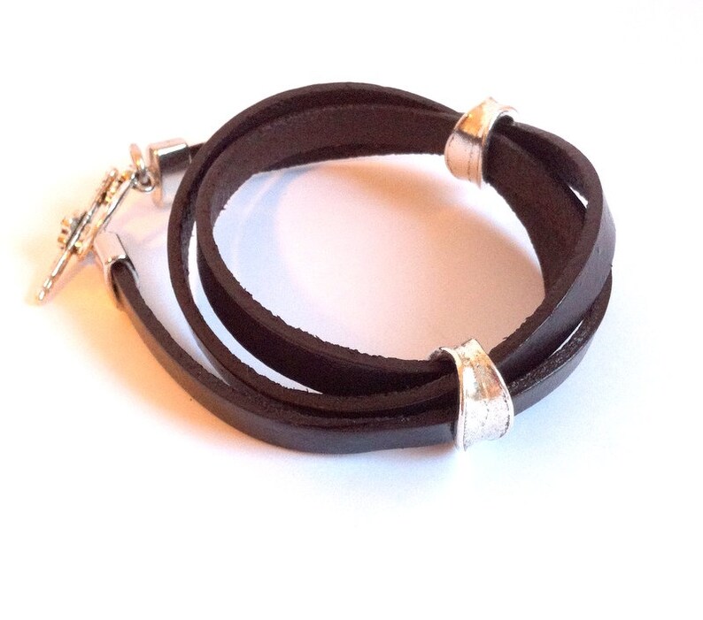 Dark Brown Triple Wrap Boho Leather Cuff Flat Leather Strap Friendship Bracelet Unisex Leather Cuff Bracelet