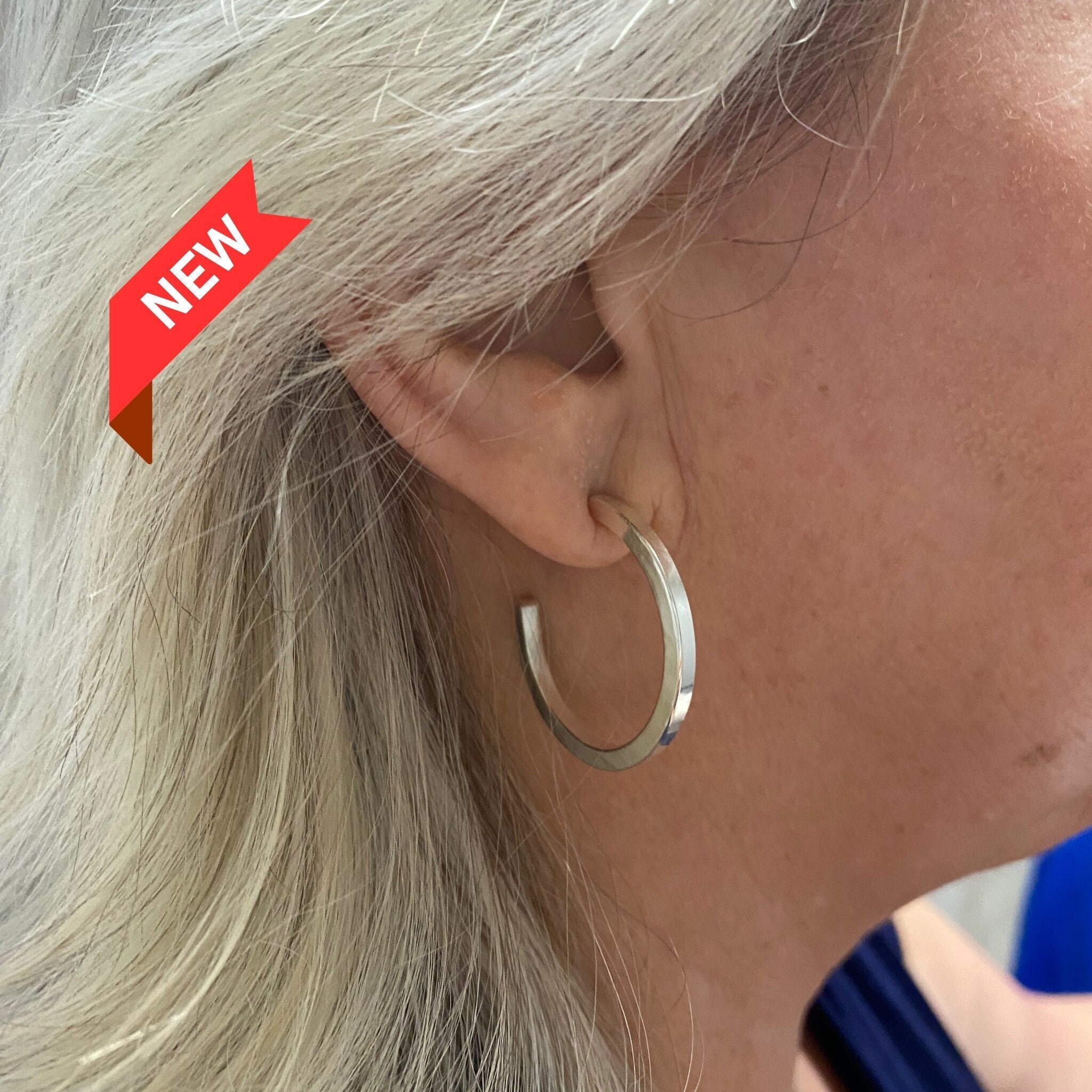 Smooth Silver Hoop Earrings, Inch Square Edged Sterling Silver