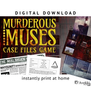 Op de afbeelding: Een digitale download voor een moordmysterie-spel genaamd "Murderous Muses: Case Files Game". Het spel bevat een krantenkoppen die luidt: "The Mirlhaven Whydunit? Mordechai Gr".