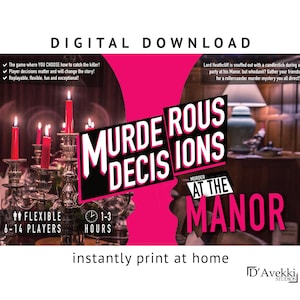 Op de afbeelding: Een roze en zwarte poster met de tekst "Murderous Decisions at the Manor" en de slogan "Direct thuis printen". De poster is voor een moordmysterie-spel dat door 6 tot 14 spelers kan worden gespeeld en 1 tot 3 uur duurt.