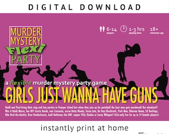 Puede incluir: Gráfico de descarga digital para un juego de fiesta de misterio de asesinato. El diseño presenta el texto "MURDER MYSTERY Flexi PARTY" en verde y blanco, con el lema "GIRLS JUST WANNA HAVE GUNS" en amarillo. Incluye siluetas y detalles del juego.