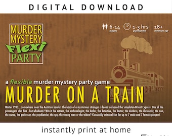 May include: A digital download for a murder mystery party game called "Murder on a Train". The game is a flexible murder mystery party game that can be played with 6-14 players and takes 1-3 hours to play. The game is appropriate for ages 18 and up. The game features a train illustration with a yellow background.