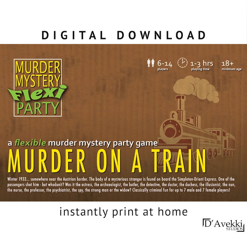以下が含まれることがあります： 「殺人事件は列車で」という殺人ミステリーパーティーゲームのデジタルダウンロードです。このゲームは、柔軟な殺人ミステリーパーティーゲームで、6〜14人のプレイヤーでプレイでき、1〜3時間かかります。このゲームは18歳以上向けです。ゲームには、黄色の背景に列車のイラストが描かれています。