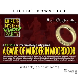 Puede incluir: Una descarga digital para un juego de fiesta de misterio de asesinato llamado "A Game of Murder in Moordoor". El juego es para 4-12 jugadores y dura de 1 a 3 horas. La edad mínima para los jugadores es de 18 años. El juego es un juego de fiesta de misterio de asesinato flexible. La imagen muestra un anillo de oro sobre un fondo rojo.