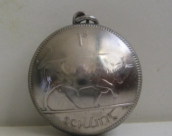 Vintage Irish Bull Shilling Domed Coin Pendant / Keepsake / Charm / Watch Chain Fob