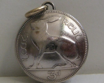 Vintage Irish Hare Three Pence Domed Coin Pendant / Keepsake / Charm / Watch Chain Fob