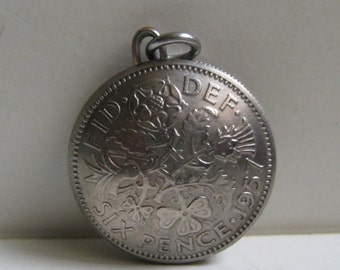 Vintage British Lucky Sixpence Domed Coin Pendant / Keepsake / Watch Chain Fob