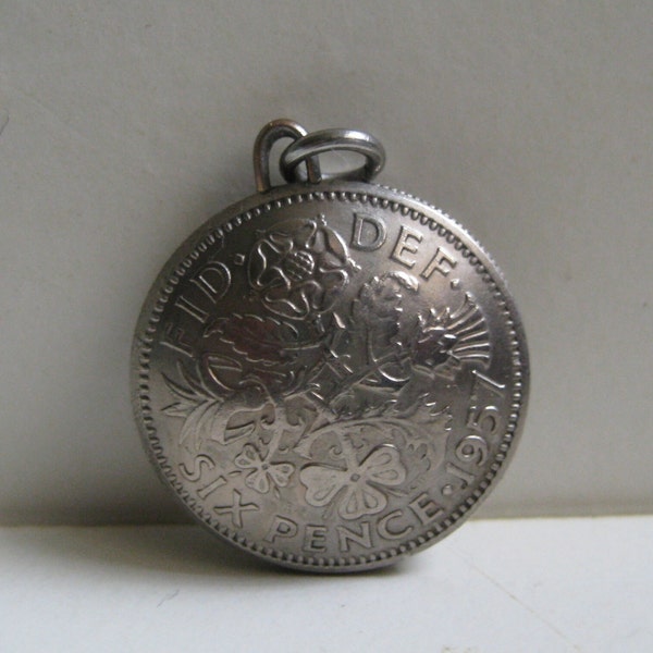 Vintage British Lucky Sixpence Domed Coin Pendant / Keepsake / Watch Chain Fob