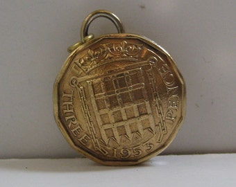 Vintage Brass Threepence Domed Coin Pendant / Keepsake / Watch Chain Fob