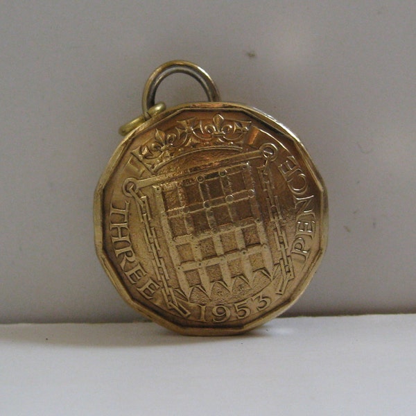 Vintage Brass Threepence Domed Coin Pendant / Keepsake / Watch Chain Fob