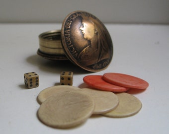 Old British Penny Screw Top Pocket Keepsake / Games Pot Tiny Dice / Bone Counters Trench Art Style