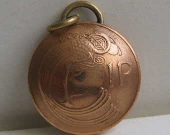 Vintage Irish One Pence Domed Coin Pendant / Keepsake / Watch Chain Fob