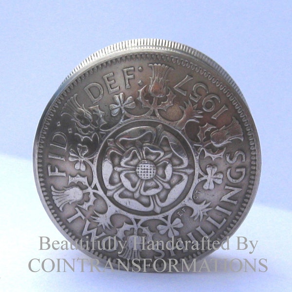 Vintage britannique 2/- Florin deux shillings boîte à pilules/tabatière/boîte cachette/souvenir fabriqué à la main dans le style art des tranchées