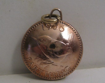 Vintage Bronze Jenny Wren Farthing Domed Coin Pendant / Keepsake / Watch Chain Fob