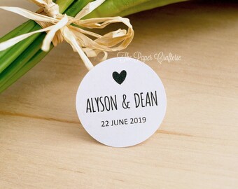 White Round Wedding Stickers Personalised Names & Date for Favours Envelope Seals