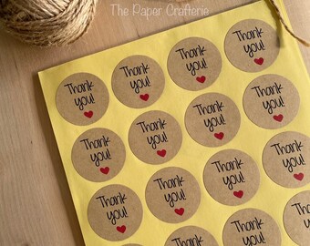 Kraft Brown Thank You Round Stickers Heart Party Bag Labels