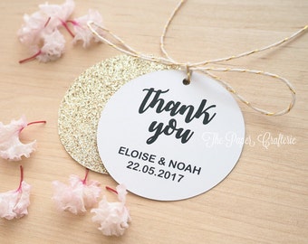 Personalised Thank You Tags White Round Gold Glitter Wedding Favours