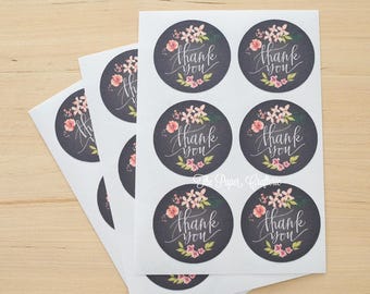 Floral Thank You Stickers Black Chalkboard Rustic Style Labels Seals - Pack of 48