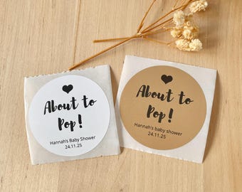 About to POP! Personalised Round Baby Shower Stickers Kraft Brown White