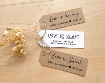 Wedding Favour Tags Love Is Sweet / Brewing Personalised Gift White Kraft Brown
