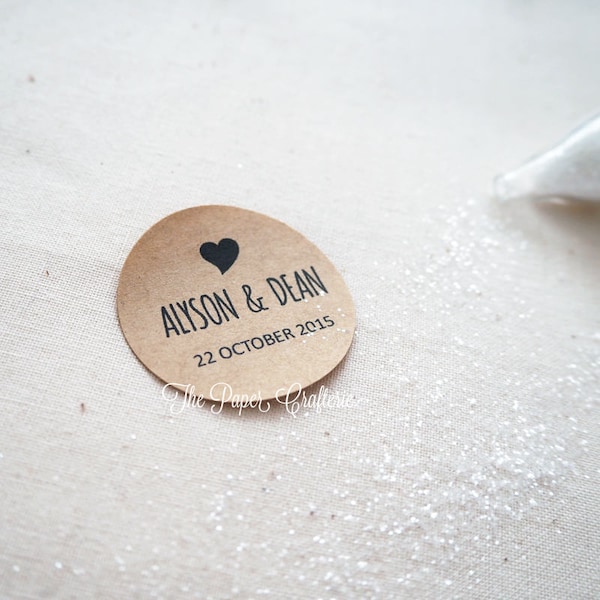 Personalised Wedding Stickers Name Date Kraft Brown Round Heart