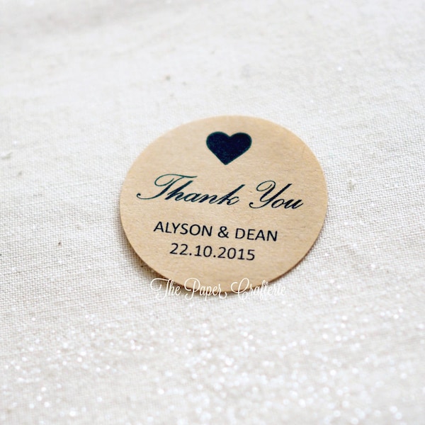 Thank You Wedding Stickers Personalised Names & Date Kraft Brown Round