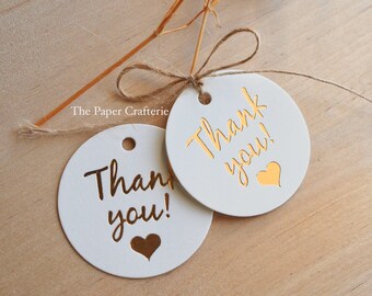 Thank You Gift Tags Round White Gold Foil Cardboard Wedding Baby Shower Baptism Engagement Favours