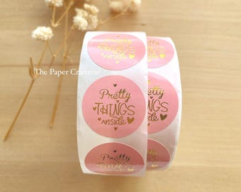Pretty Things Inside Stickers Pink Gold Round Packaging Labels Seals